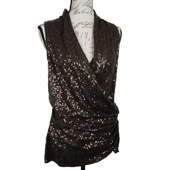 Karen Kane | Brown Sequin Wrap Front Sleeveless Knit Stretch Top | Size M - Picture 1 of 7